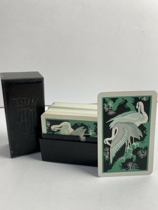 Vintage Kem Double Deck Playing Cards York Usa Black Plastic Box Birds