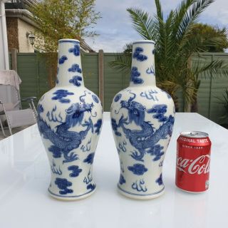 Large Antique Chinese 19th C Blue & White Dragon Vases - Kangxi Marks