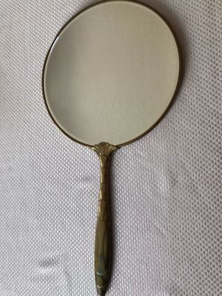 Vintage Antique Hand Held Vanity Beveled Mirror Brass Handle Art Deco