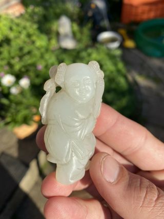 Chinese 18th Century Jade Carving Of A Boy With Lotus Flower Qing Dynasty