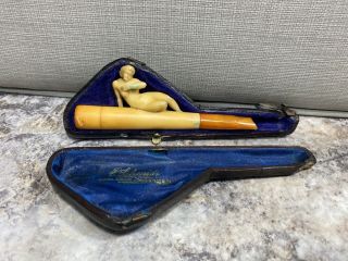 Antique Meerschaum Nude Roman Lady Woman Tobacco Pipe Amber Stem & Leather Case