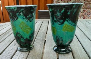 Signed Rare Set Daum Nancy Signed Vase Antique Green Glass 7 Inches 2