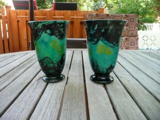 Signed Rare Set Daum Nancy Signed Vase Antique Green Glass 7 Inches 3