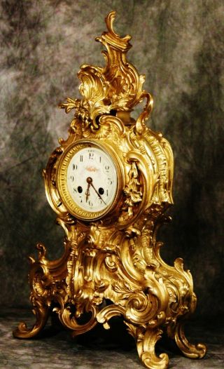 Splendid Large French Antique Heavy Solid Gilt Bronze Clock 19th C