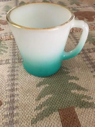 Vtg Fire King Gold Rim White And Turquoise Ombré Coffee Mug Cup Anchor Hocking