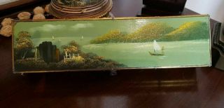 Antique Vtg Oil Hand Painted Landscape Scene Chinese Pen Glove Fan Trinket Box