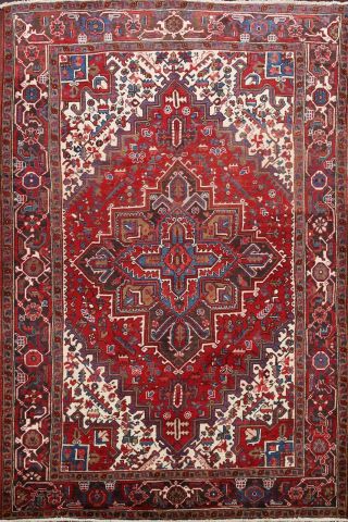 Vintage Traditional Geometric Red Heriz Serapi Area Rug Hand - Knotted Wool 7 