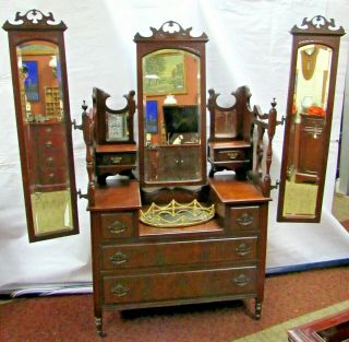 Antique Victorian Dressing Table Vanity With Triple Beveled Mirrors