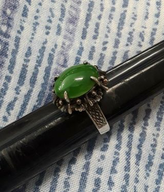 Vintage Antique Chinese Export Sterling Silver Jade Cabochon Filigree Ring 7