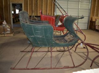 Antique Horse Drawn Green Portland Cutter Sleigh With Shafts