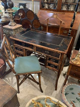 19th C English Regency Bamboo Chinoiserie Asian Leather Top Writing Desk & Chair