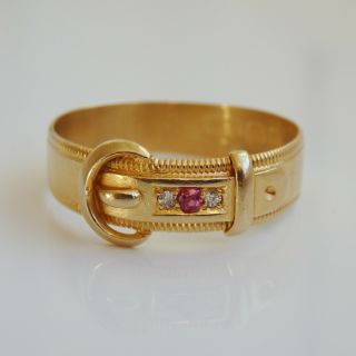Stunning Antique Victorian 18ct Gold Ruby & Diamond Buckle Ring C1896