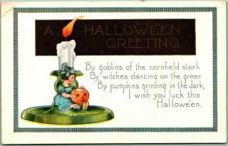 Vintage Whitney Halloween Greetings Postcard Tiny Girl W/ Jol At Base Of Candle