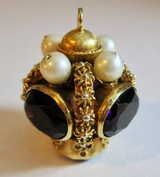 Antique Italy 18K Yellow Gold Amethyst & Pearl Etruscan Fob Pendant 24G 2