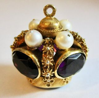Antique Italy 18K Yellow Gold Amethyst & Pearl Etruscan Fob Pendant 24G 3