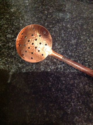 Vintage Hand Hammered Wooden Handle Copper Spoon Holes