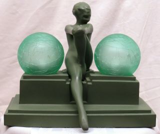 Signed Frankart Art Deco Lamp - Rare Model “l - 250” - Coy Reclining Nude - Double Light