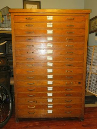 Large 5 1/2 Feet Antique Oak Wood 16 Drawer Blueprint Maps Apothecary Cabinet