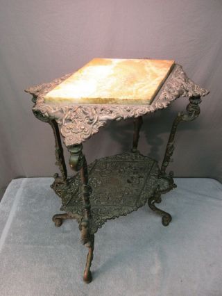 Antique Cast Iron Table W/ Marble Top (ornate Metal Plant Stand)