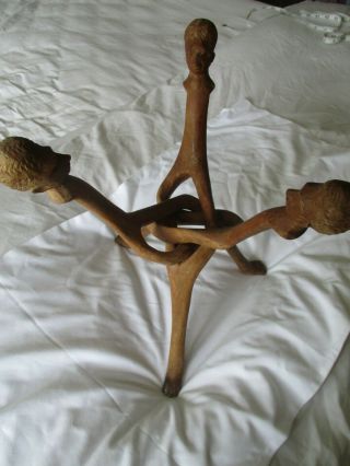 Vintage Carved Wooden Tripod Stand With Carved Heads & Feet One Piece Wood