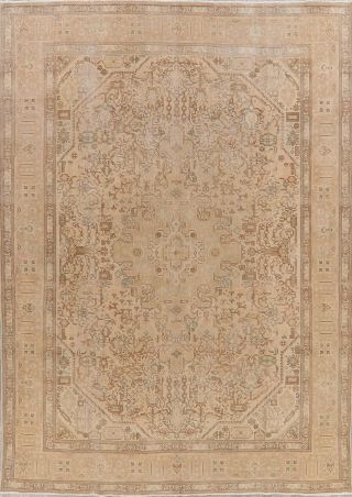 Antique Muted Geometric Pale Peach 8x11 Tebriz Area Rug Hand - Knotted Wool Carpet