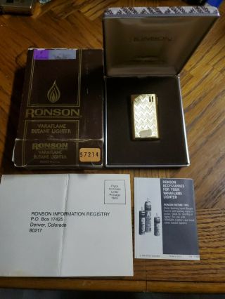 Vintage Ronson Varaflame Gold Tone Butane Lighter With Box Rare 2