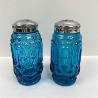 Vintage 70s Turquoise Blue Glass Salt And Pepper Shakers Embossed Moon & Stars