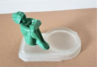 Vintage Art Deco Ash Tray Frosted Glass With Green Lady Collectible Ashtray