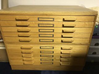 Light Oak Vintage 10 Drawer Flat File Blueprint Cabinet With Base 41 " W