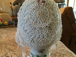 Tatted Lace Baby Cap Vintage With White Ribbon Ties