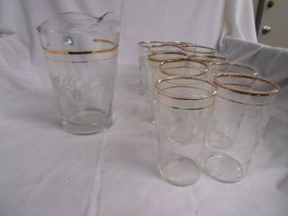 Vintage Bartlett Collins Pitcher & 8 Tumblers Water Glasses Grapes & Vines