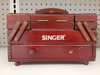 Vintage Singer Small Accordion Wood Sewing Notions Storage Box Craft Storage