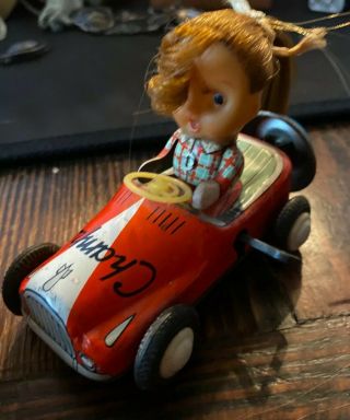 Vintage Kanto Girl Driving Champion Sports Car Friction Tin Toy Car Japan