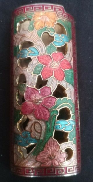 Vintage Cloisonne Enameled Brass Bic Lighter Cover Case Flowers