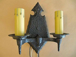 SET OF 4 VINTAGE SPANISH REVIVAL DOUBLE SOCKET IRON WALL SCONCES 1930 ' S WIRED 3
