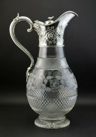 C1872,  Barnard & Sons,  Antique Victorian Solid Silver Glass Claret Jug Decanter