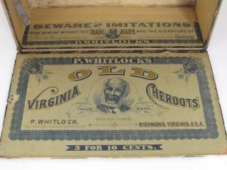 Antique " Old Virginia Cheroots " P.  Whitlock’s Wooden Store Display Cigar Box
