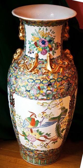 Vintage Large Porcelain Palace Floor Vase Canton Rose 42x22 Chinese Hand Crafted