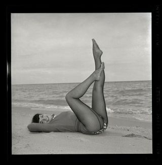 Bettie Page Fishnet Stockings Leg Show Pose Bunny Yeager Camera Negative 1954 NR 2