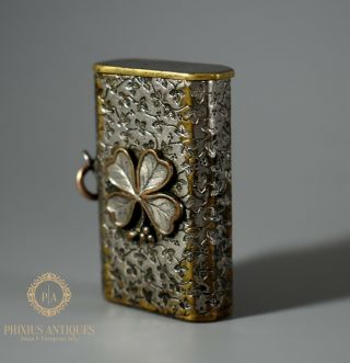 Antique French Clover Silver On Brass Match Vesta Case By Saillard Aine A Bescan