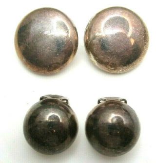 2 Pairs Of Vintage Sterling Silver Clip On Button Earrings Ca.  1970