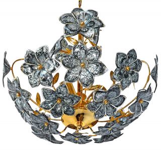 Vintage Midcentury Italian Murano Black Flowers Art Glass Gilt Brass Chandelier
