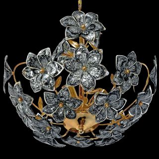 Vintage Midcentury Italian Murano Black Flowers Art Glass Gilt Brass Chandelier 2