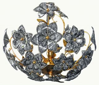 Vintage Midcentury Italian Murano Black Flowers Art Glass Gilt Brass Chandelier 3