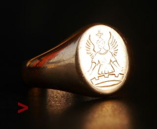 Antique Unisex Men Signet Guarding Angel Ring Solid 18k Gold Ø9.  25 Us/10.  6g