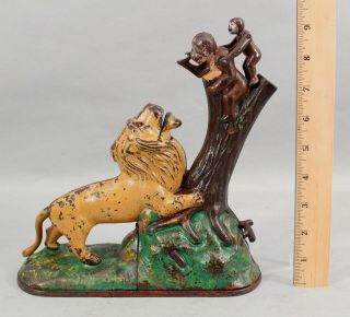Antique 19thc Painted Cast Iron Kyser & Rex Mechanical Bank Lion & 2 Monkeys Nr
