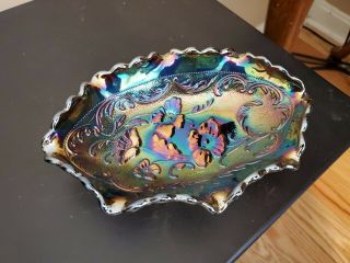 Vintage Fenton Iridescent Carnival Glass Oval Bowl 7.  5” X 5 1/4” X 2” - Flowers