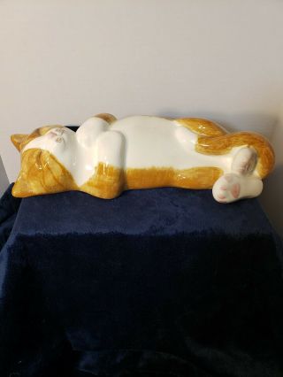 Vintage N.  S.  Gustin Company Sleeping Ceramic Cat,  Hand Painted Tabby 14”