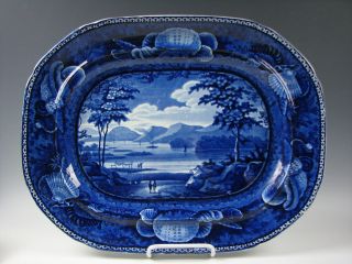 American Historical Dark Blue Staffordshire Lake George York Platter Antique