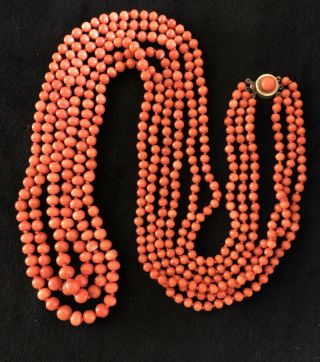 Antique Edwardian Long Three Row Graduated Coral Bead Necklace,  C 1900